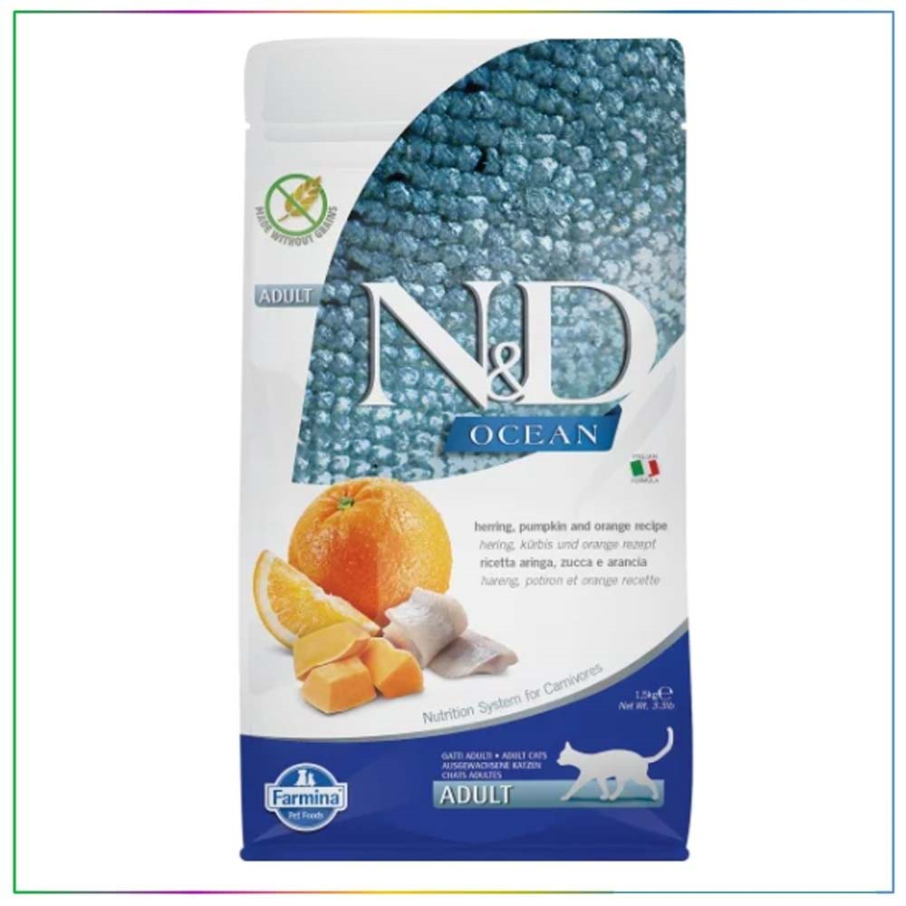 N&D Ocean Ringa Balıklı Bal Kabaklı ve Portakallı Tahılsız Yetişkin Kedi Maması 1,5 Kg