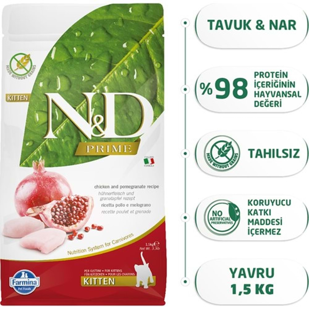 N&D Prime Tavuklu ve Narlı Tahılsız Yavru Kedi Maması 1,5kg