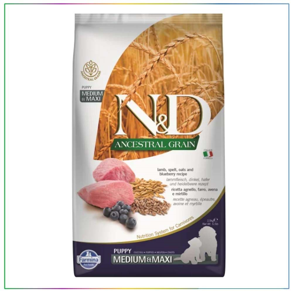 N&D Ancestral Grain Kuzu Etli Yaban Mersinli Orta ve Büyük Irk Ata Tahıllı Yavru Köpek Maması 2,5 Kg