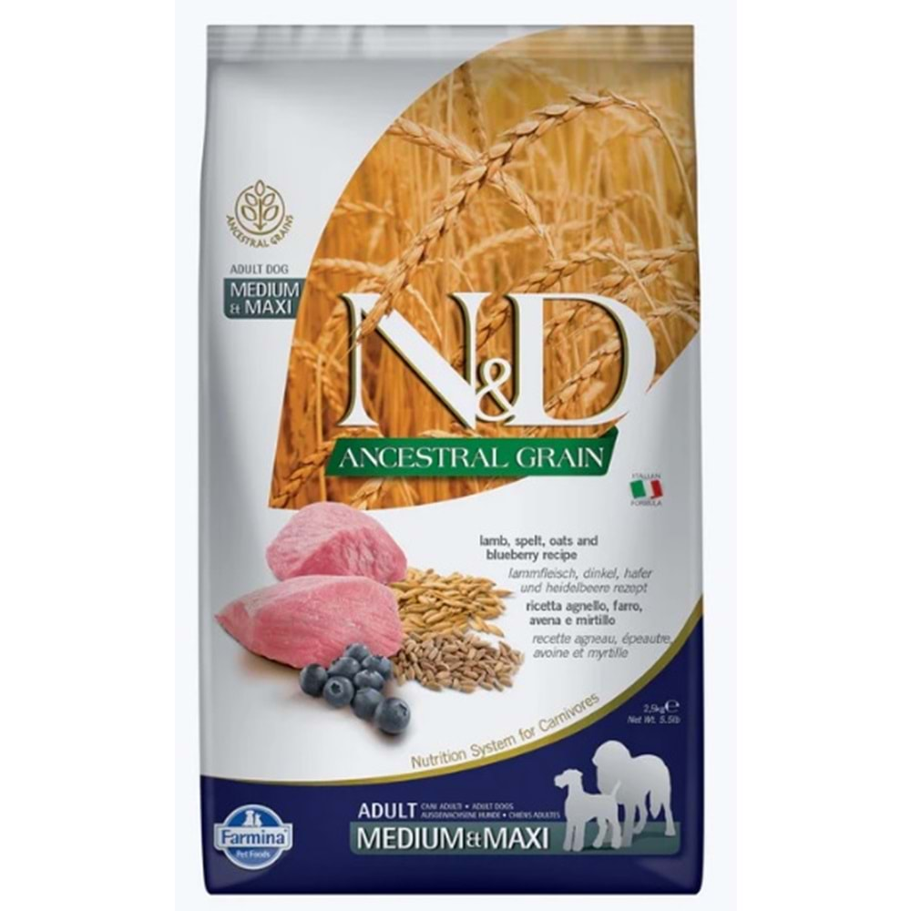 N&D Kuzu Etli ve Yaban Mersinli Orta ve Büyük Irk Tahıllı Yetişkin Köpek Maması 2,5kg