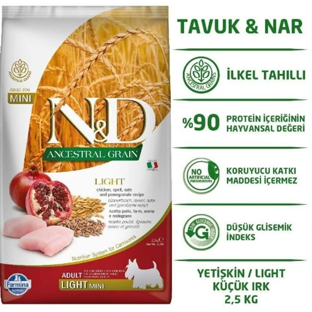 N&D Düşük Tahıllı Light Mini Tavuklu Narlı Köpek Maması 2.5Kg