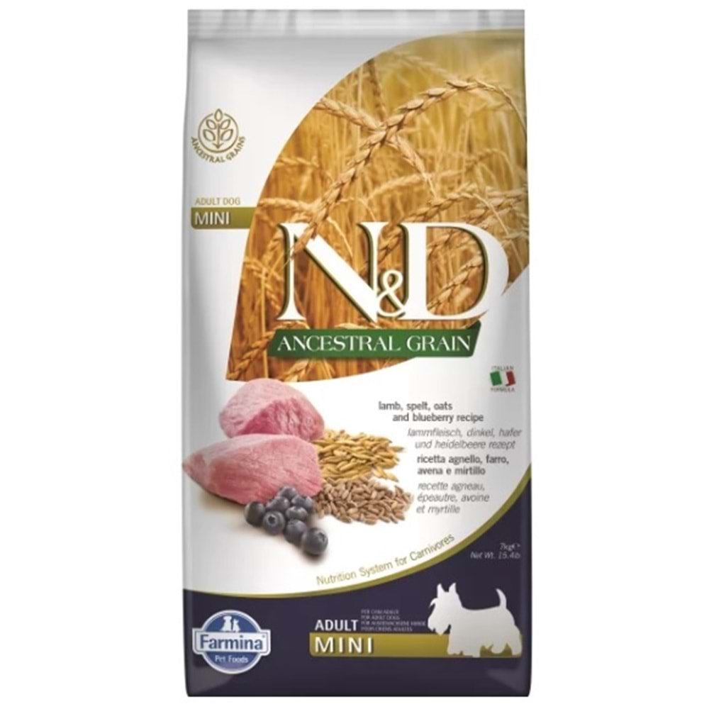 N&D Ancestral Grain Kuzu Etli Yaban Mersinli Küçük Irk Tahıllı Yetişkin Köpek Maması 7 kg