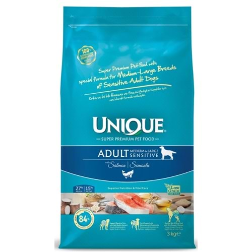 Unique Sensitive Orta ve İri Irk Yetişkin Köpek Maması Somonlu 3 kg