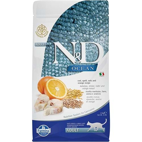 N&D Ocean Morina Balığı Kılçıksız Buğday Yulaf ve Portakallı Yetişkin Kedi Maması, 1,5 kg