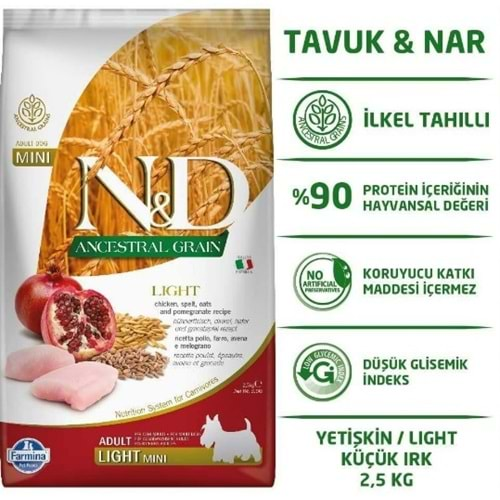 N&D Düşük Tahıllı Light Mini Tavuklu Narlı Köpek Maması 2.5Kg