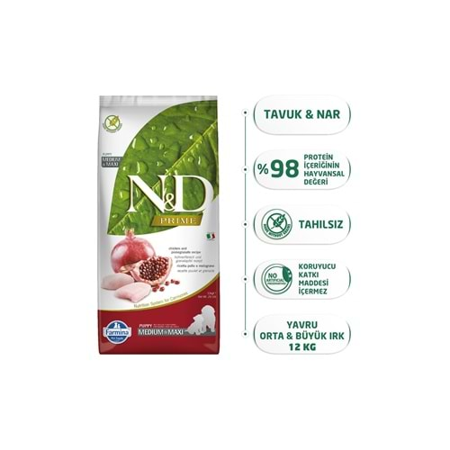 N&D Prıme Tahılsız Köpek Tavuk & Nar Puppy Medıum & Maxı 12 Kg